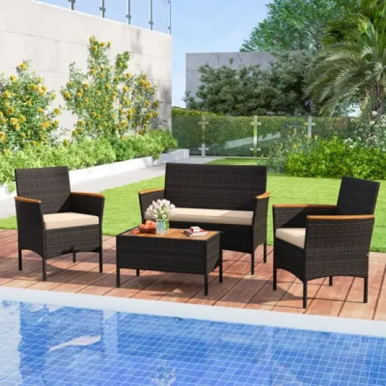 Tangkula 8 Piece Outdoor Patio Rattan Furniture Set Rattan Conversation Set w/ Chairs & Loveseat image {2}