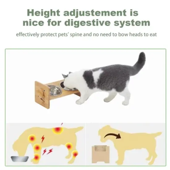 Artloge Elevated Dog Bowls Feeder Stand Bamboo 4 Level Adjustable Raised Food Water Pet Cat Feeding Station with two Bowls image {3}
