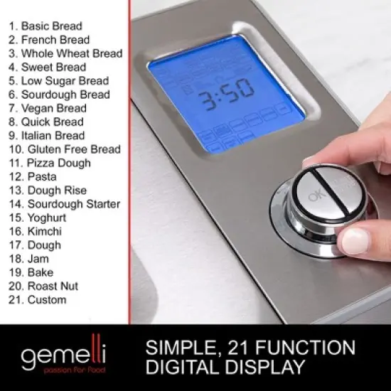 Gemelli Home&trade; 2LB Artisan Bread Maker, Stainless Steel w/ 21 Functions, Fruit/Nut Dispenser, 3 Loaf Sizes, 3 Shades, Gluten-Free Settings, Ceramic Pan image {2}