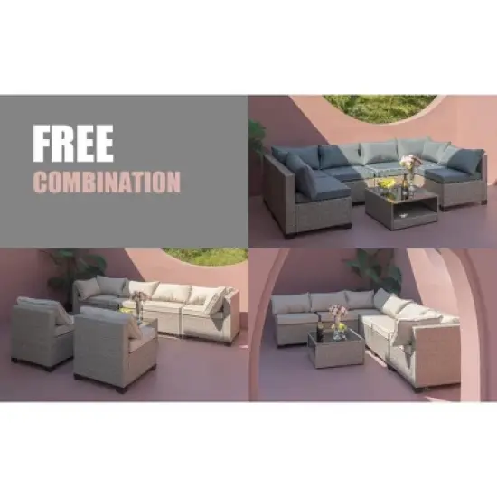 FIONECA 7-Piece PE Wicker Outdoor Sectional Sofa Set with Beige Cushions and Storage Table image {4}