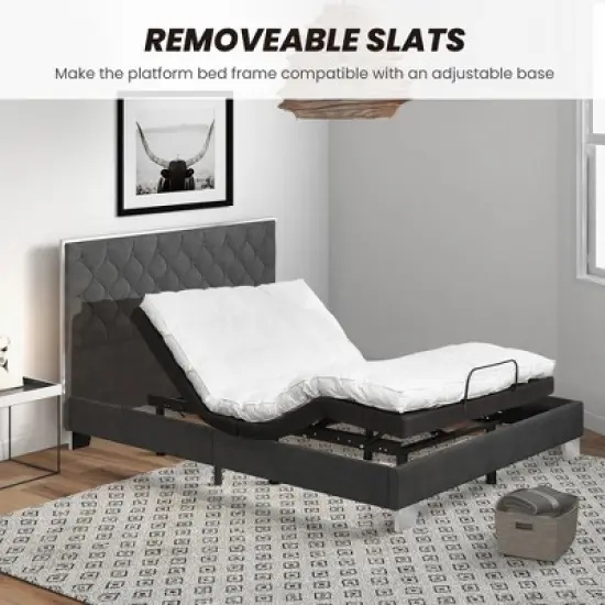 Costway  Upholstered Bed Mattress Foundation with Button Tufted Velvet Headboard image {8}