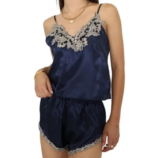 Anna-Kaci Lounge Women's Satin Pajama Set with Embroidered Lace Trim Cami Top and Elastic Waist Shorts image {6}