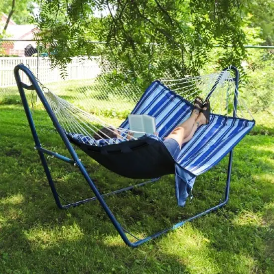 Sunnydaze Outdoor Quilted Double Hammock with Pillow and Curved Metal Spreader Bars image {8}