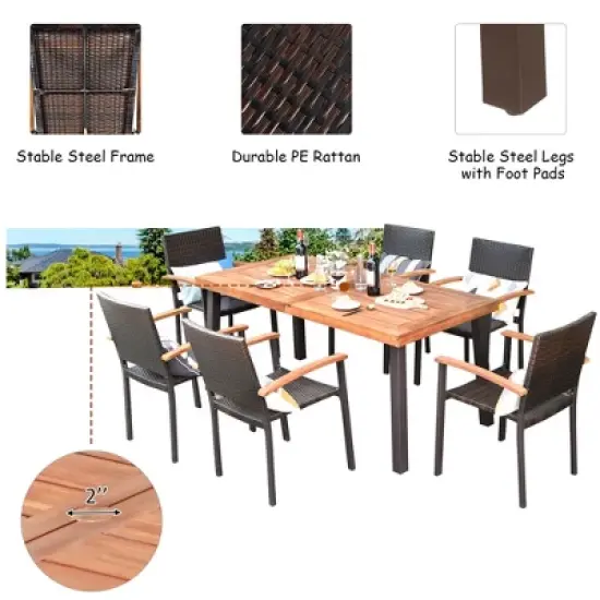 Costway 7PCS Patio Rattan Dining Set Acacia Wood Table Top Stackable Chairs image {6}