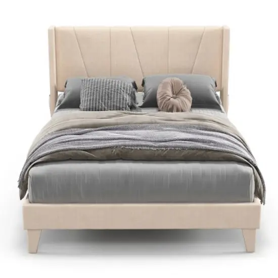 Costway Full/Queen Size Upholstered Bed Frame with Elastic Pockets Mattress Foundation Beige image {1}
