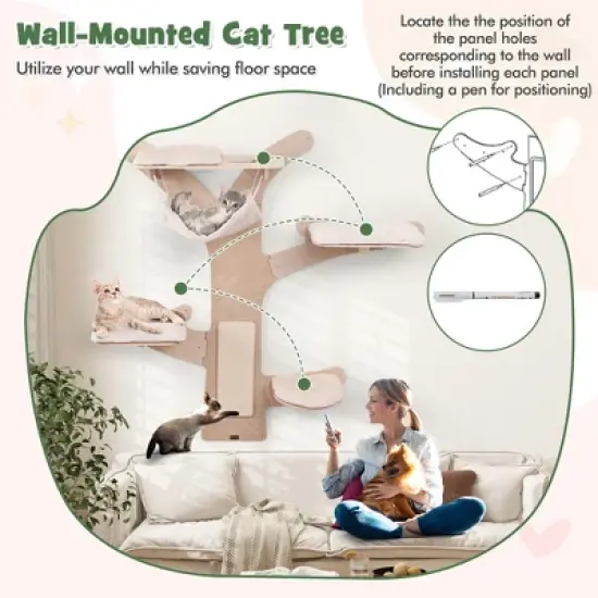Tangkula Wall-Mounted Cat Tower w/ Hammock 4 Platforms Sisal Scratching Mat for Indoor image {9}
