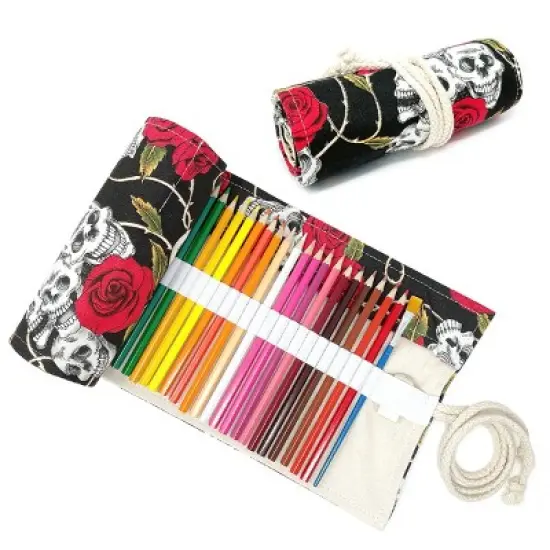 Wrapables Pencil Roll Organizer, Colored Pencil Wrap Pouch (72 slots), Skulls & Roses image {6}