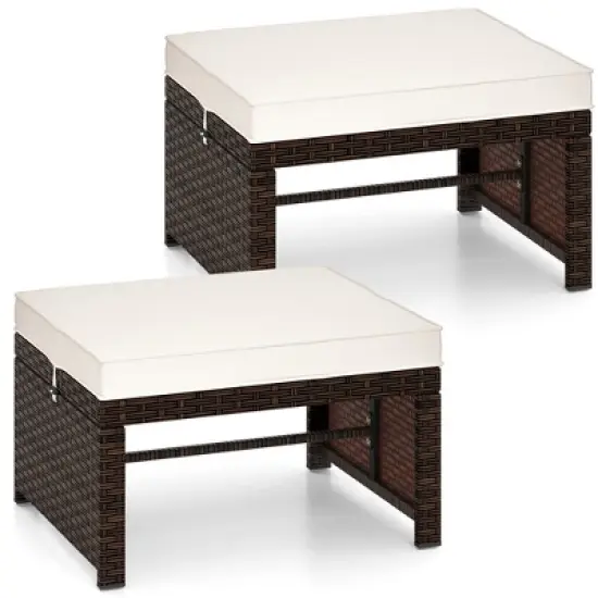 Tangkula Set of 2 Patio PE Rattan Ottomans w/ Soft Zippered Cushions for Deck Outdoor image {6}