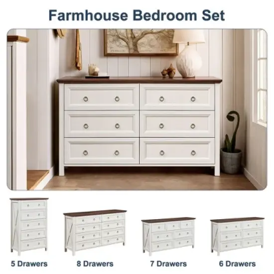 Resenkos Farmhouse 6 Drawers Dresser for Bedroom, Wood Vintage Wide Storage Dressers Organizer, Antique White image {2}