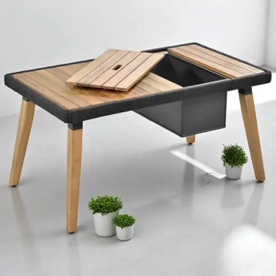 6-Piece Outdoor Wicker Sofa Set with Unique Rope Weaving, Acacia Wood Coffee Table with Ice Bucket, and Ottomans image {9}