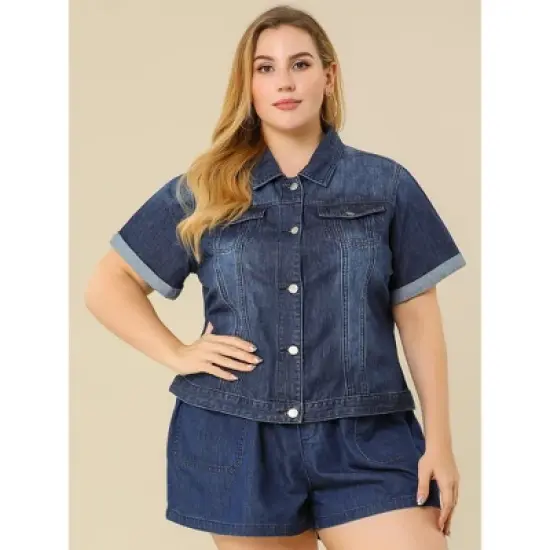 Agnes Orinda Women's Plus Size Denim Button Front Crop Short Sleeve Trucker Jean Jackets image {1}