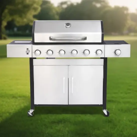 6-Burner Propane Gas Grill with Side Burner, Stainless Steel Control Panel, Enamel Firebox, Lockable Casters, 65,910 BTU Outdoor BBQ image {11}