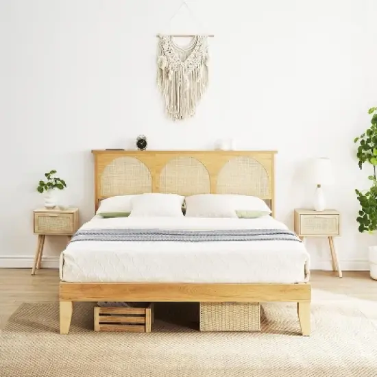 Bed Frame With Natural Rattan Headboard, Boho Wooden Platform Bed With Strong Wooden Slats, Noise-Free, No Box Spring Needed, Arch image {7}