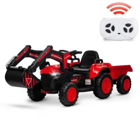 Jojoka 3-in-1 Ride-On Kids Excavator with Remote Control, 12V Powered Wheels Car Toy with LED Lights, Bluetooth Music, Digger and Trailer image {8}