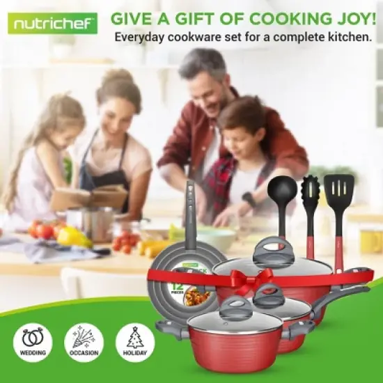 NutriChef Ridge Line Nonstick Kitchen Pots and Pans, 12 Piece Set, Red image {6}