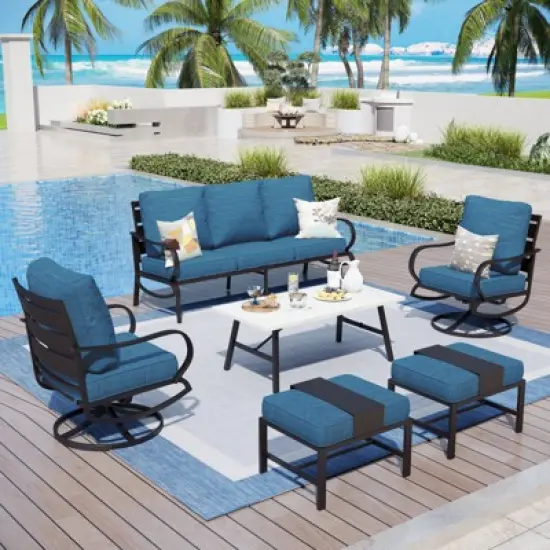 Captiva Designs 6pc Metal Patio Furniture Conversation Set with Swivel Chairs and Ottomans for Garden Porch Backyard image {12}