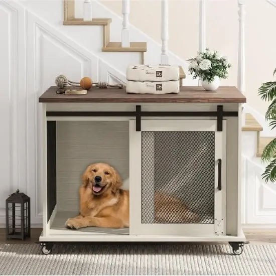 37 Inch Dog Crate Furniture, Indoor Dog Cage with Sliding Barn Door, Flip Top Dog Kennel End Table with Removable Divider image {10}