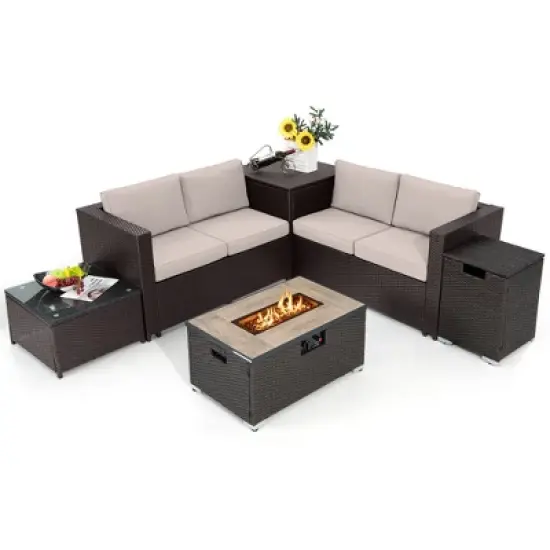 Tangkula 6 Piece Patio Sofa & Fire Table Set Outdoor Rattan Sectional Sofa Set w/ Storage Box Beige image {8}