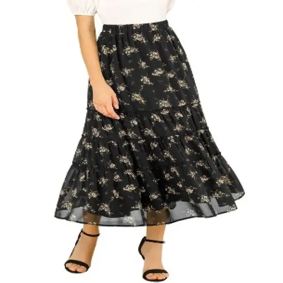 Allegra K Women's Floral Elastic Waist Tiered Ruffle Boho Midi Skirts image {7}