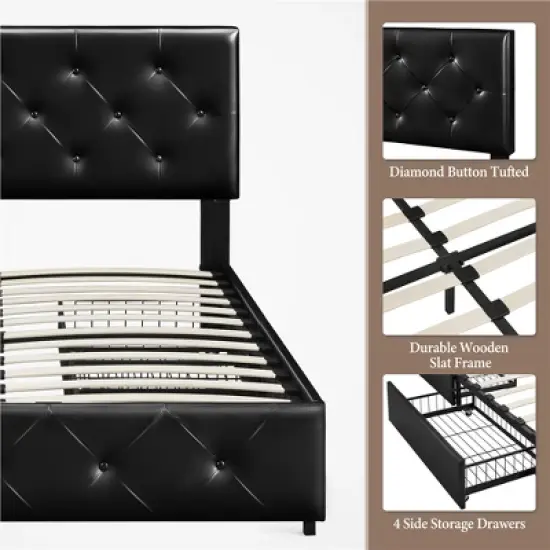 Yaheetech Upholstered Faux Leather Bed Frame with Adjustable Headboard image {3}