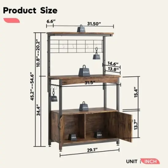 Bestier Height-Adjustable Microwave Stand Baker's Rack with Cabinet, Kitchen Storage Shelves, Microwave Oven Stand, Coffee Bar with Hooks&Wheels image {4}