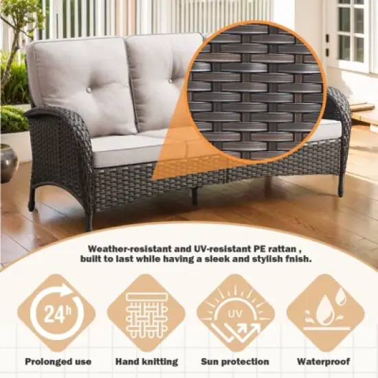 Buenhomino Outdoor Patio Furniture - Wicker Sofa with Removable Cushion, 3 Seater Rattan Couch with Deep Seat, High Backrest for Balcony, Backyard image {3}