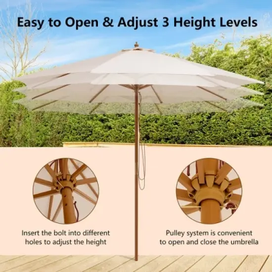 Costway 10FT Patio Wooden Market Table Umbrella Pulley with 8 Bamboo Ribs Sunshade Canopy Coffee/Gray/Navy/Wine/Beige image {5}