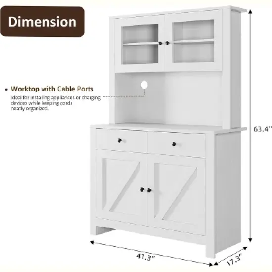 63" Tall Kitchen Pantry Cabinet with Drawers, Hutch, Glass Doors, Adjustable Shelves, Freestanding Microwave Stand & Storage Cabinet, White image {2}
