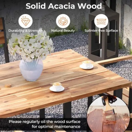 Costway 7 PCS Acacia Wood Patio Dining Set 6 Armchairs and 69" Table with 2" Umbrella Hole image {5}