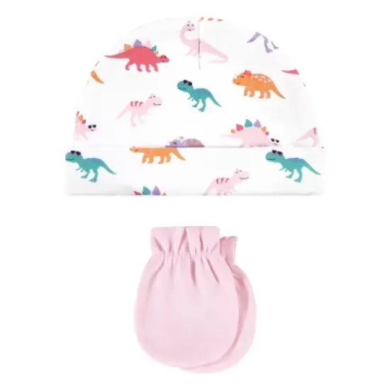 Hudson Baby Infant Girl Cotton Cap and Scratch Mitten Set, Cute-A-Saurus, 0-6 Months image {2}