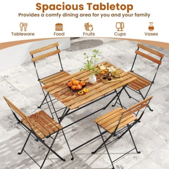 Tangkula 5 PCS Patio Acacia Wood Dining Set w/ 4 Folding Chairs Slatted Seat & Tabletop image {6}