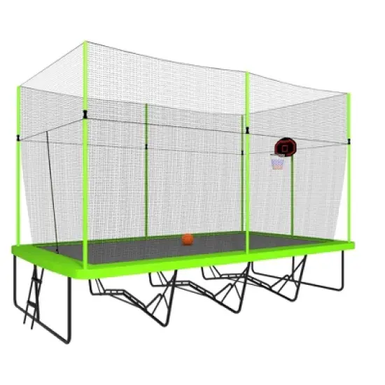APRILSOUL 10FT by 17FT Rectangule Trampoline with Green Fabric Black Powder-coated Galvanized Steel Tubes with Basketball Hoop System image {9}