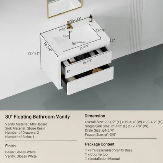 Christopher Knight Home Marshall Wall-Mounted White Bathroom Vanity with Stone Resin Sink and Two Drawers image {2}