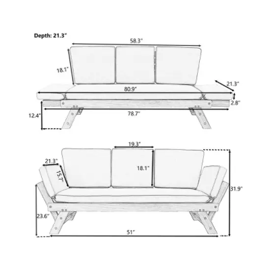 3 Seater Outdoor Patio Acacia Wood Daybed Sofa,Wood Outdoor Garden Loungers with Cushion,Patio Sectional Sofa with Adjustable Sides-Coolbibila image {3}