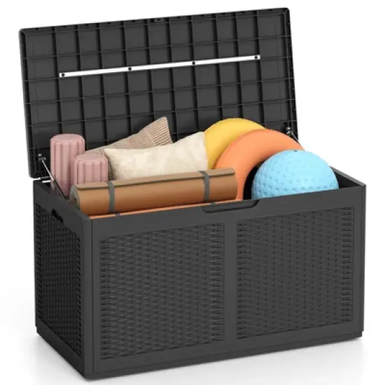 Tangkula 103 Gallon Resin Outdoor Storage Box Waterproof Deck Box w/ Lockable Lid & Wheels Brown/Black/Grey image {11}