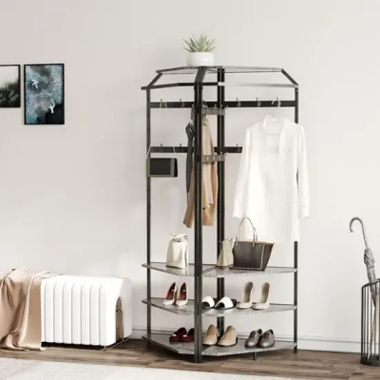 Whizmax Corner Coat Rack With Shoe Bench Entryway, Corner Hall Tree With 6 Double Hooks, Corner Clothes Rack With Storage Corner Tree, Gray image {2}
