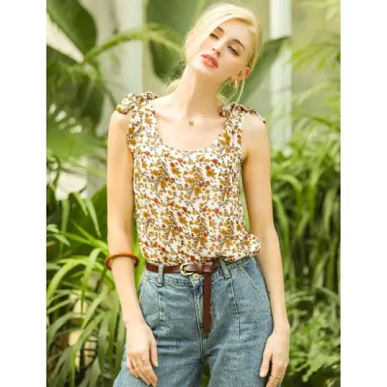 Allegra K Women's Sleeveless Casual Bow Tie Decor Strap Chiffon Floral Tank Tops image {1}