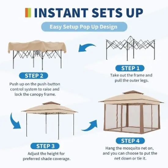 11x11FT Pop Up Instant Gazebo Tent With Mosquito Netting, Waterproof Outdoor Canopy Tent With Portable Carrying Bag for Backyard, Khaki image {3}