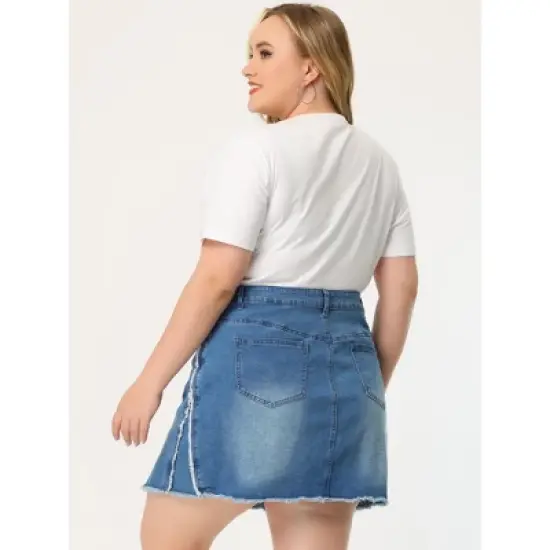 Agnes Orinda Women's Plus Size Denim Asymmetrical Slit Fashion Pockets Raw Hem Mini Skirts image {3}
