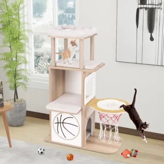 Tangkula 47" Wooden Cat Tree w/ 2-Story Cat Condo 2 Perches Basketball Hoop Hammock image {2}
