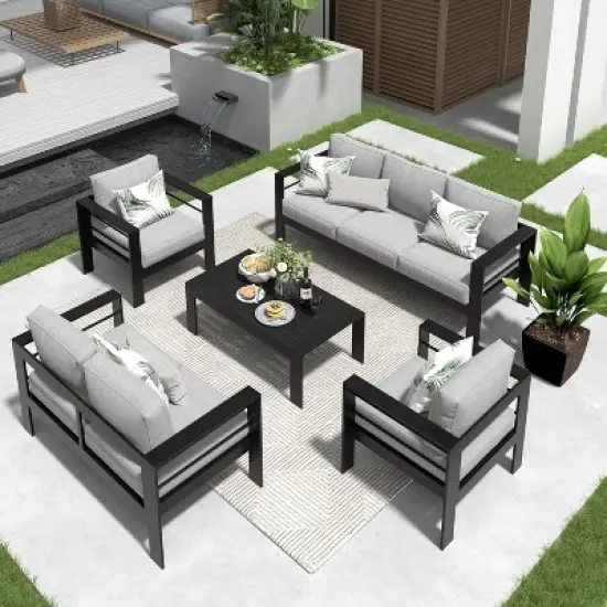 Heynemo Aluminum Patio Furniture Set, 5 Pieces Modern Outdoor Conversation Set with Cushion and Coffee Table image {7}