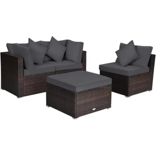 Tangkula 4PCS Rattan Patio Conversation Furniture Set Yard Outdoor w/ Grey Cushion image {9}