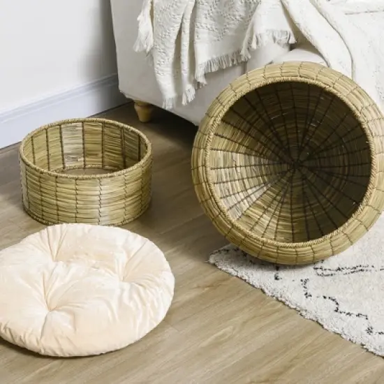PawHut Cat Basket Bed with Cat Egg Chair Shape, Woven Elevated Cat Bed Kitty House, Raised Wicker Cat Bed for Indoor Cats, 20" Dia. x 23.5" H, Yellow image {5}