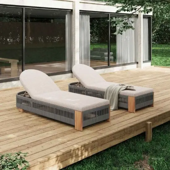 Set of 2 Outdoor Acacia Wood Chaise Lounge with Adjustable Backrest, Rope Accent Pool Lounge Chair, Waterproof Cushion Garden Lounger-Coolbibila image {1}