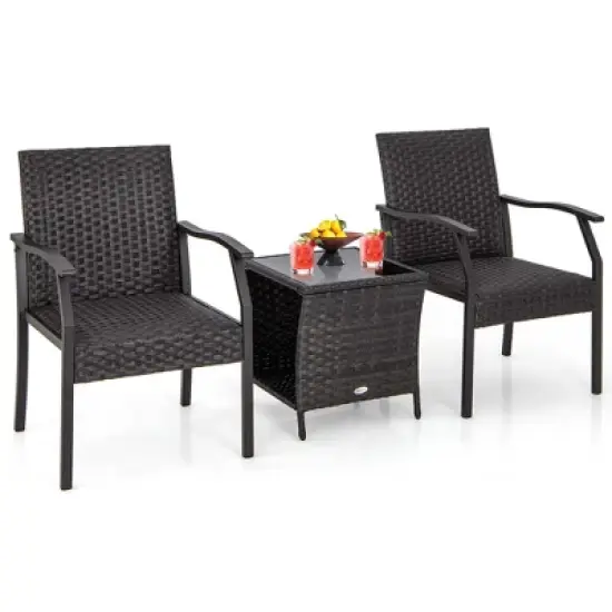 Costway 3 PCS Patio Conversation Set Wicker Chair Tempered Glass Table Cushioned Seat image {9}