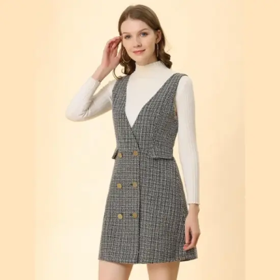 Allegra K Women's Elegant Vintage Button Front V Neck Plaid Tweed Overalls Pinafore Skirts image {2}