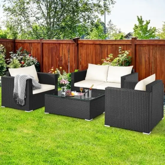 Costway 4PCS Patio Rattan Furniture Set Cushioned Sofa Chair Coffee Table Off White image {1}
