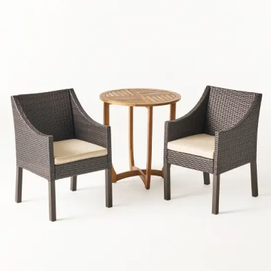 Christopher Knight Home Lorita Outdoor Acacia Wood and Wicker 3 Piece Bistro Set with Cushions image {1}