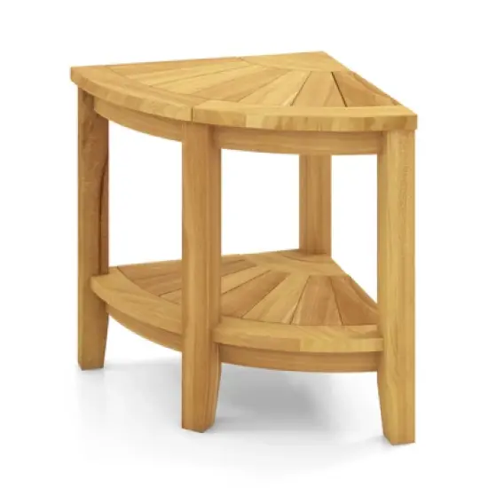 Tangkula Corner Shower Stool Teak Wood Shower Bench w/ Storage Shelf Bathroom Foot Stool image {9}