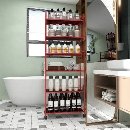 FONTOI Baker's Racks, 6 Tier Shelving Unit, Slim Rolling Storage Cart with 6 Baskets, Mobile Rack for Garage Kitchen Office, Red, 10"*61"*22.8" image {2}